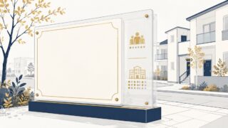 会社の看板の裏側にある人数と戸数を見ることを表すイメージ