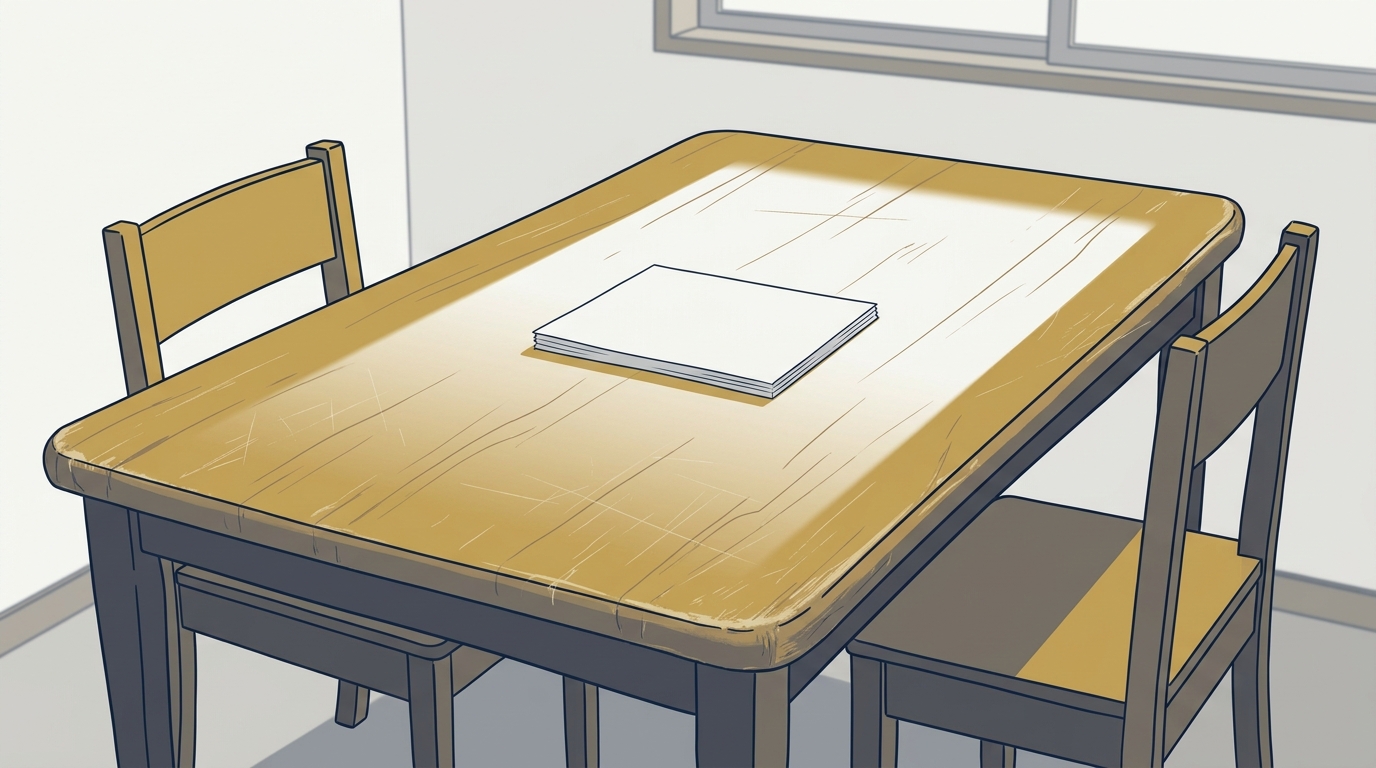 昼の食卓に置かれた一部の書類と、テーブルをはさんで向かい合わせに引かれた二脚の椅子