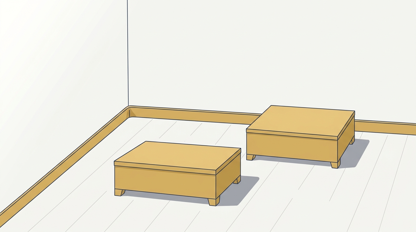 管理の一部委託の記事のアイキャッチ。空室のすみに、ふたを閉じた明るい木の低い箱が2つ離して置かれている