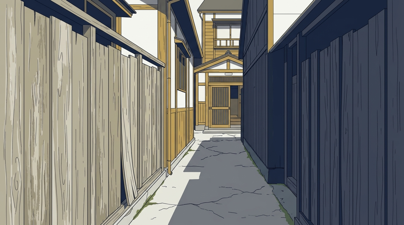 両側を板塀と外壁に挟まれた細い路地。奥に木造2階建ての家の玄関が見える。板塀の木は雨風で毛羽立ち、路地の古いコンクリートにはひび割れと苔がある。真上に近い光が路地の片側だけを明るく照らしている。