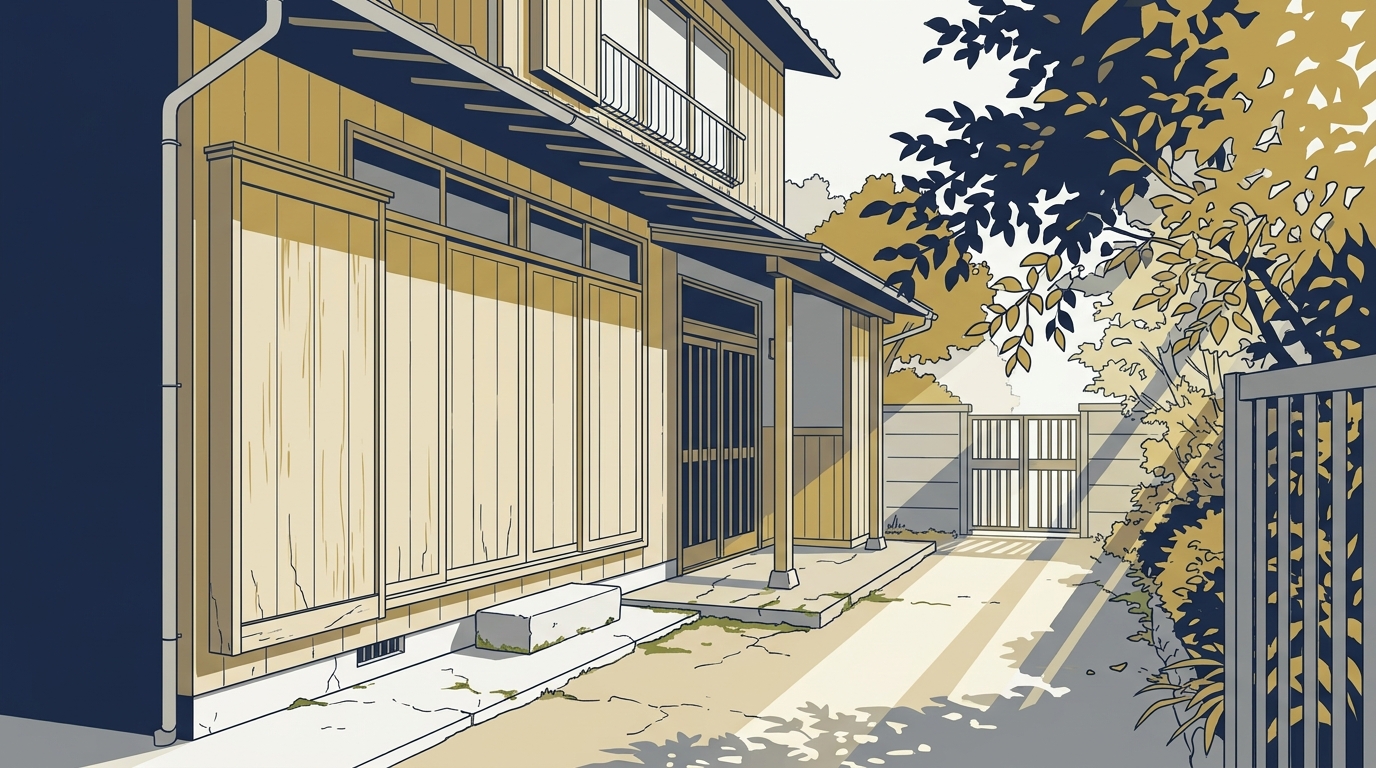 さいたま市の住宅街にある空き家の玄関まわり。雨戸は閉まったままで、木の面は日に焼けて色が抜けている。三和土は古いモルタルでひび割れと苔があり、伸びた庭木の枝の間から朝の光が斜めの帯となってアプローチに伸びている。