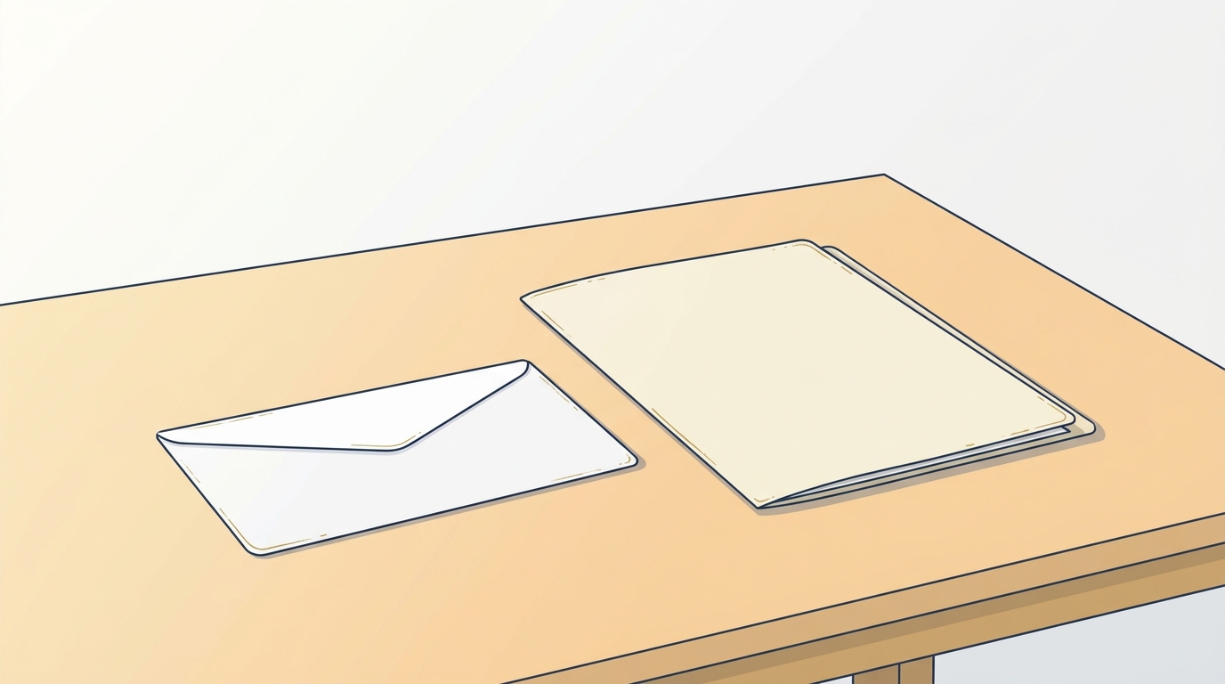 明るい木のテーブルの上に、無地の白い封筒とクリーム色の書類フォルダが並んで置かれているイラスト