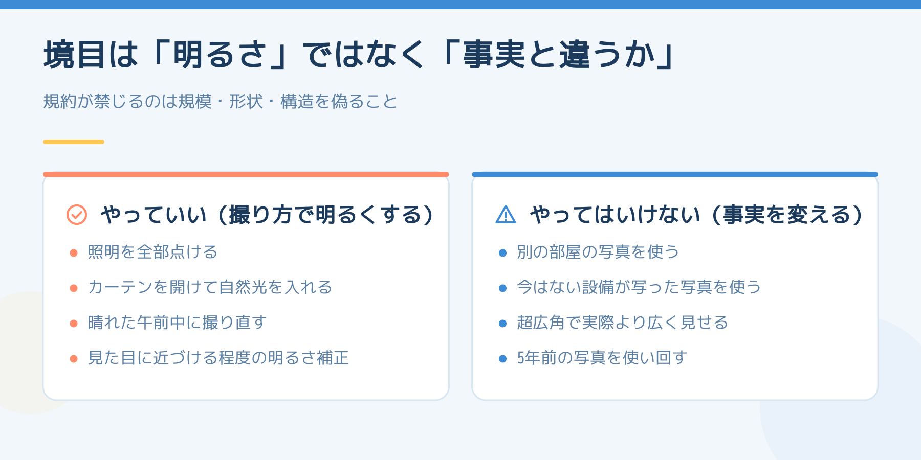 やっていいのは撮り方で明るくすること（照明・カーテン・晴れた午前中・見た目に近づける補正）。やってはいけないのは事実を変えること（別の部屋の写真・今はない設備・超広角・古い写真の使い回し）。