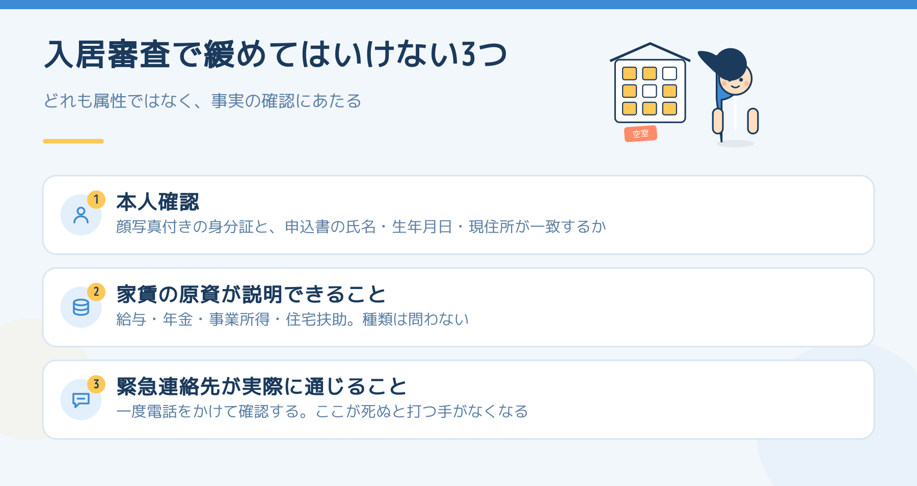 入居審査で緩めてはいけない3点。本人確認、家賃の原資が説明できること、緊急連絡先が実際に通じること。いずれも属性ではなく事実の確認。