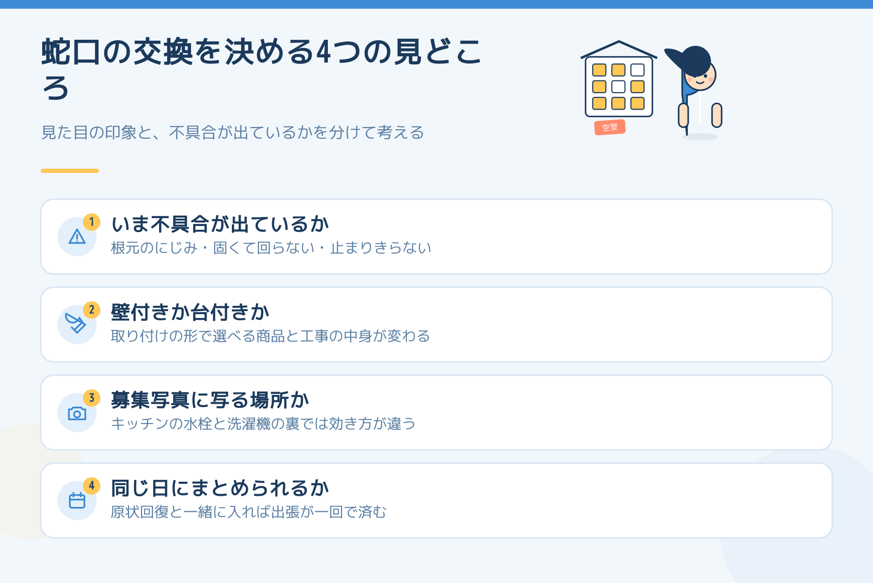 蛇口の交換を決める4つの見どころ。いま不具合が出ているか、壁付きか台付きか、募集写真に写る場所か、同じ日にまとめられるか。