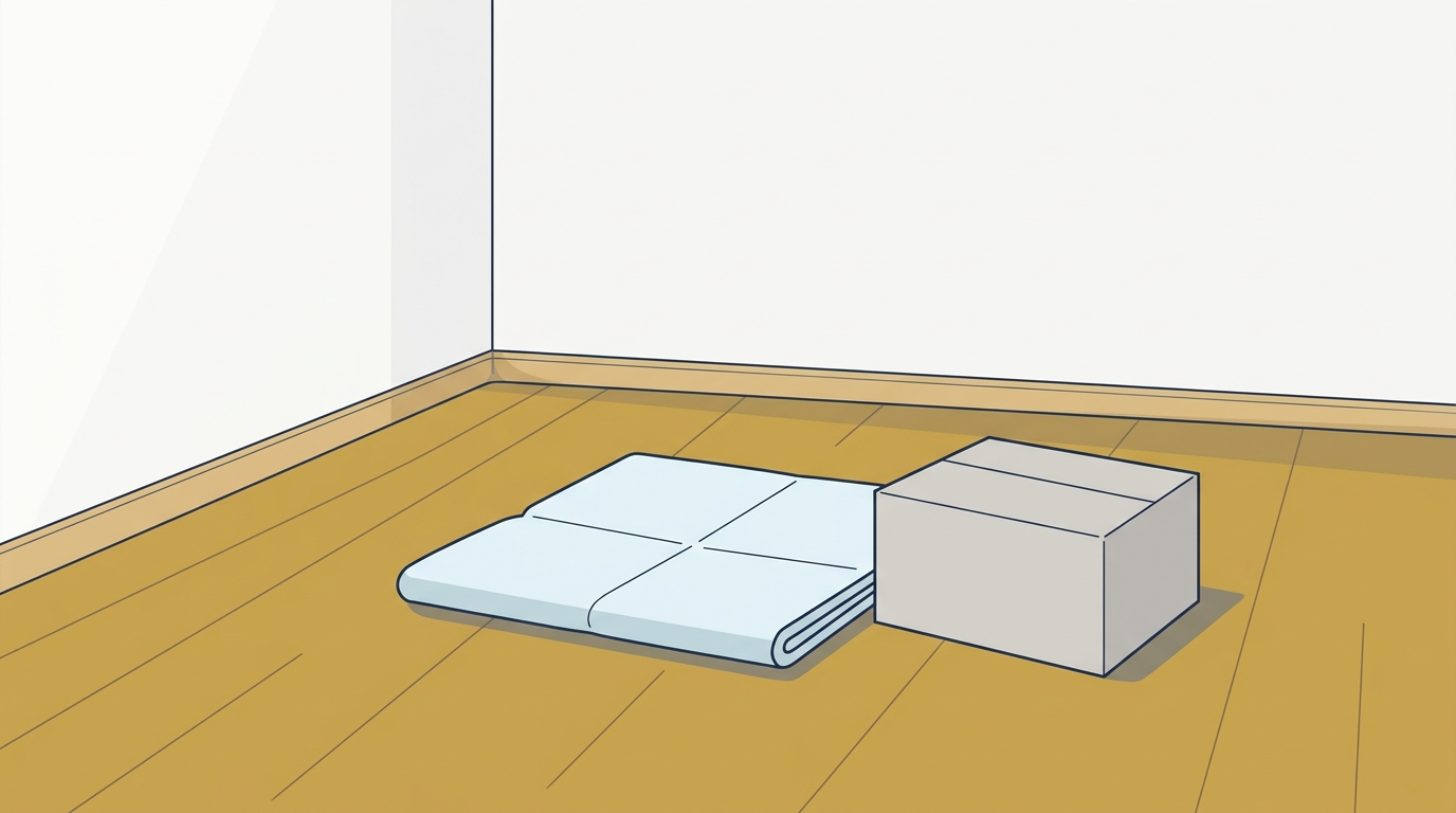 家具のない明るい室内のすみ。床にたたんだ養生シートが1枚と、ふたを閉じた無地の箱が1つ置かれている
