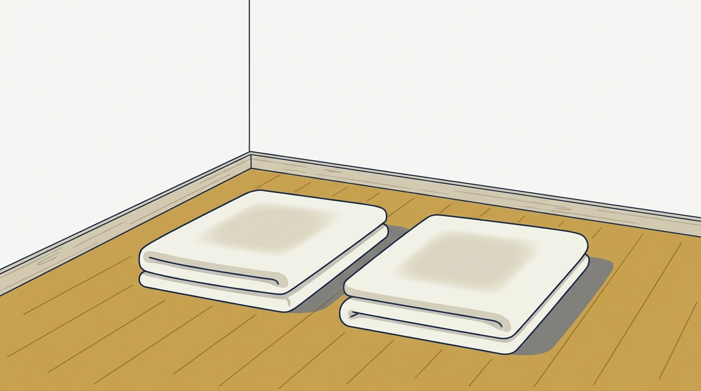 家具のない明るい室内の床に、たたんだ生成り色の掛け布団が2組、少し間をあけて並べて置かれている