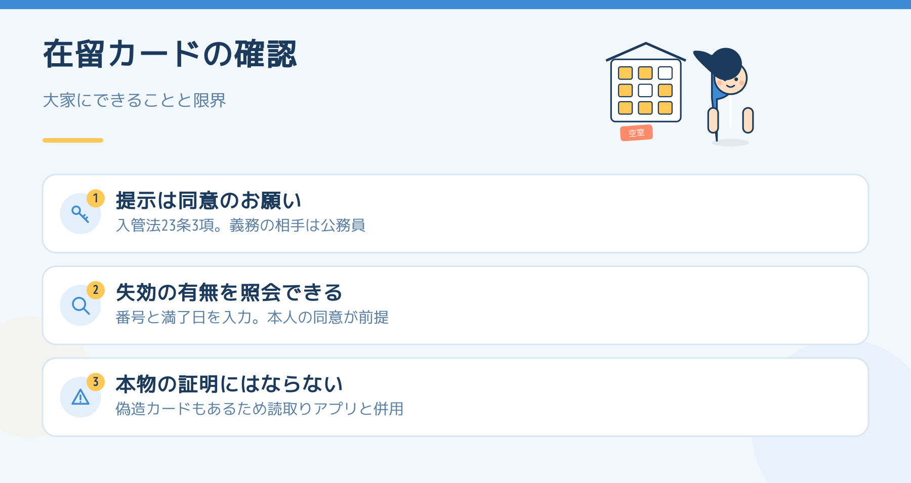 在留カードの確認。提示は同意のお願い、失効の有無は照会できる、本物の証明にはならない。