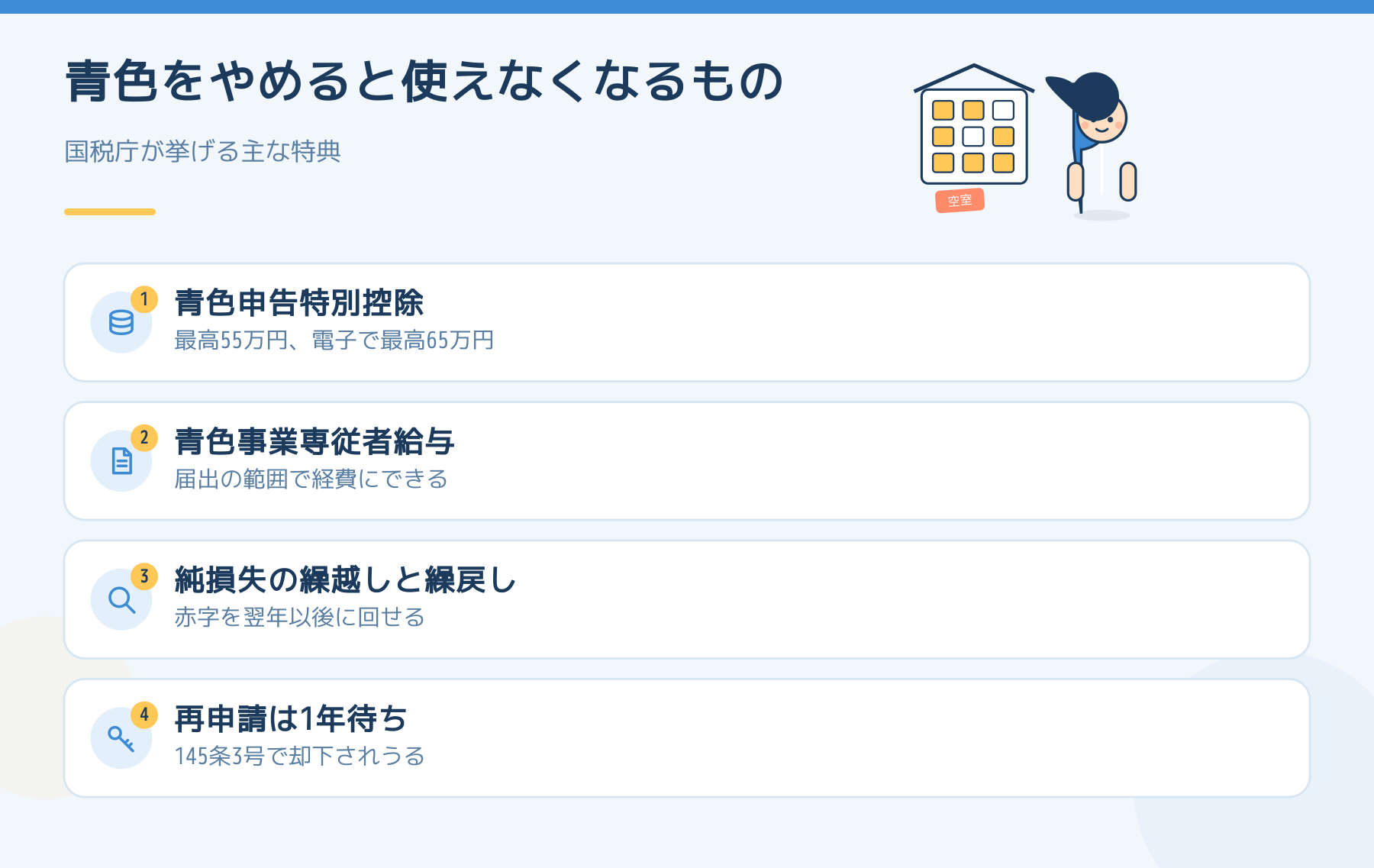 青色をやめると使えなくなるもの。青色申告特別控除、青色事業専従者給与、純損失の繰越しと繰戻し。