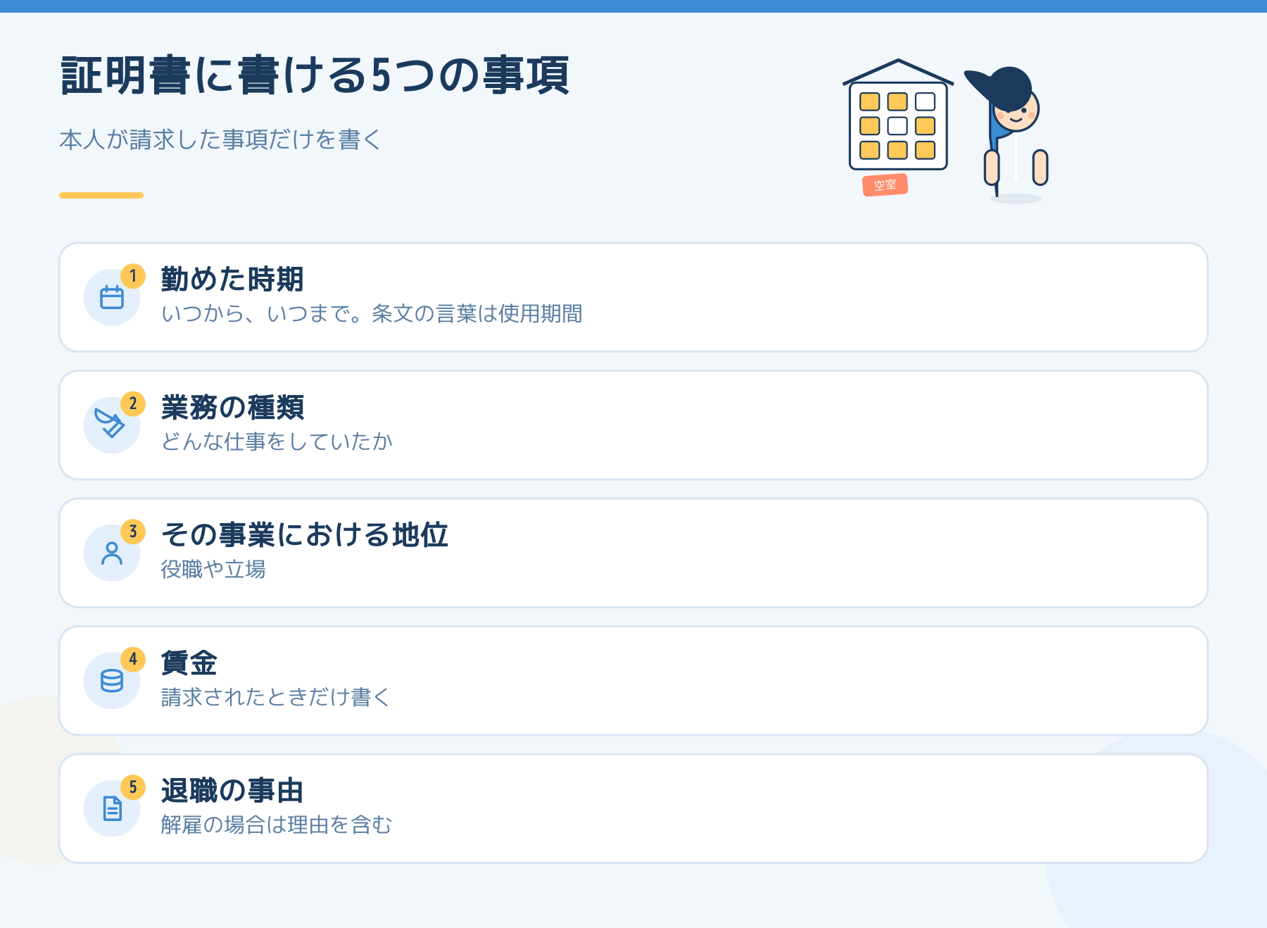 退職時の証明書に書ける5つの事項。本人が請求した事項だけを書く。